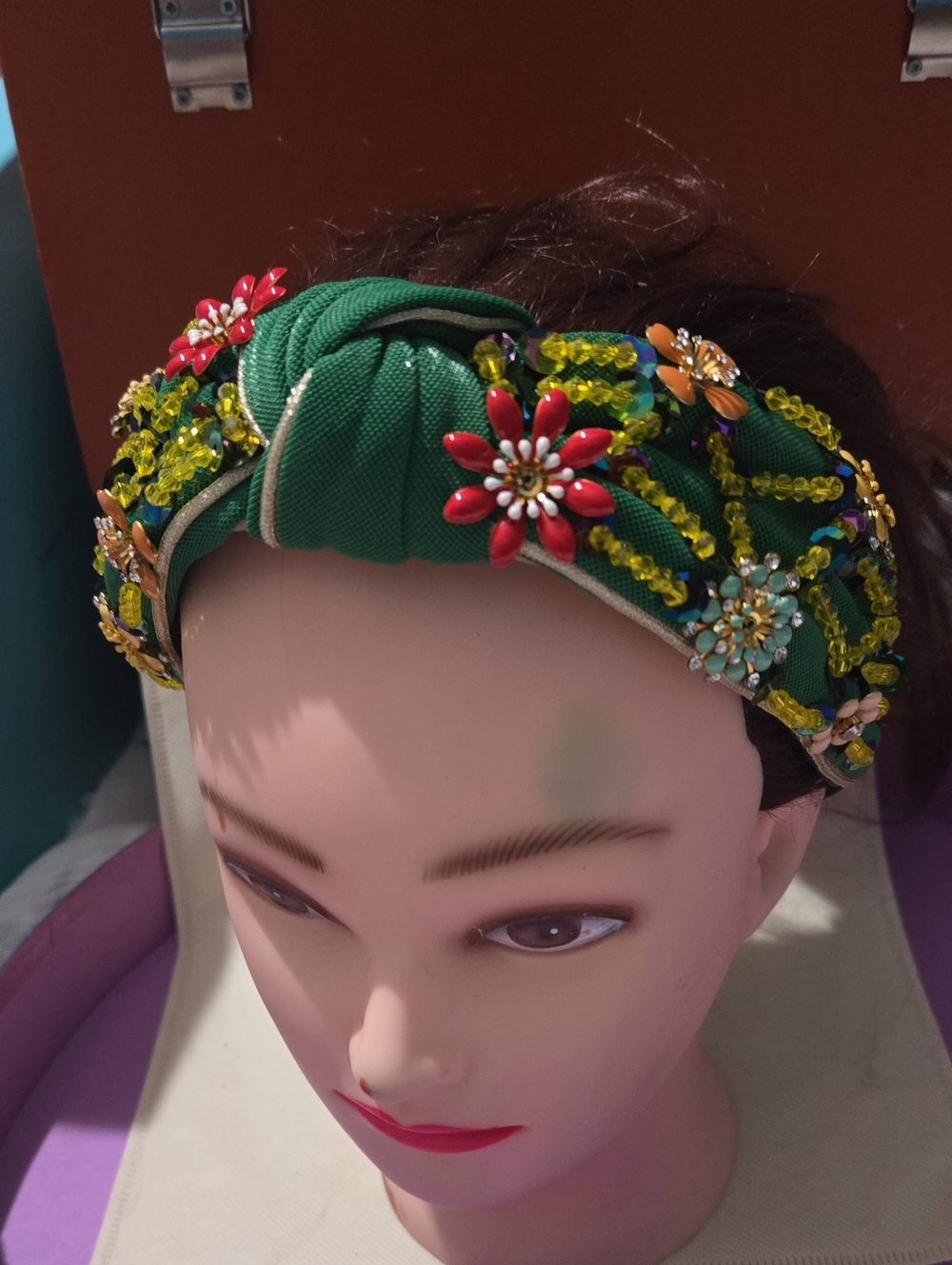 Green Embellished Knotted Headband with Floral Beading